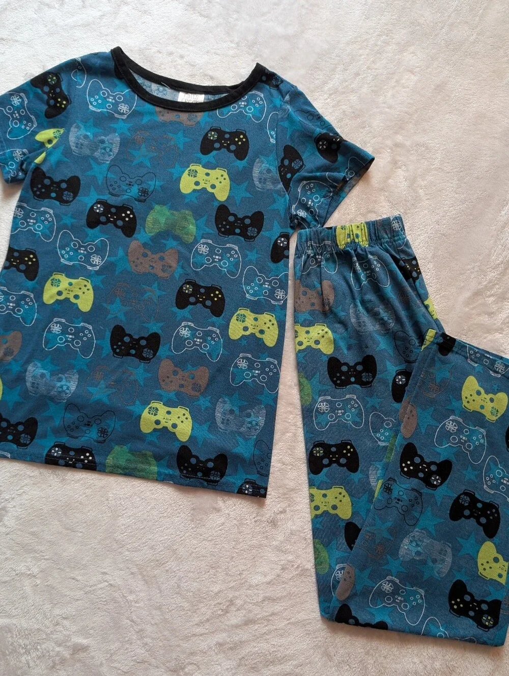 Falls Creek Boys XL Gaming Pajama Set Blue Video Game Controllers 2 Pc